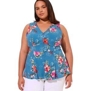 Torrid Floral Tank Blouse Sz.2 2XL Blue Sleeveless Peplum Boho Cottage Feminine